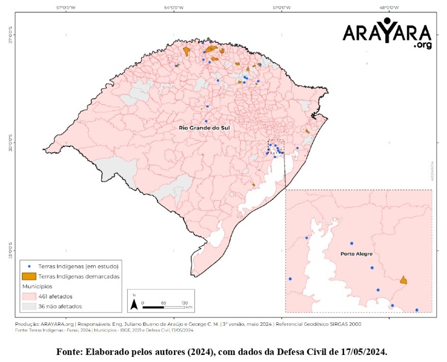 Mapa 1: Cidades afetadas pelas inundações com indicação das Terras Indígenas.